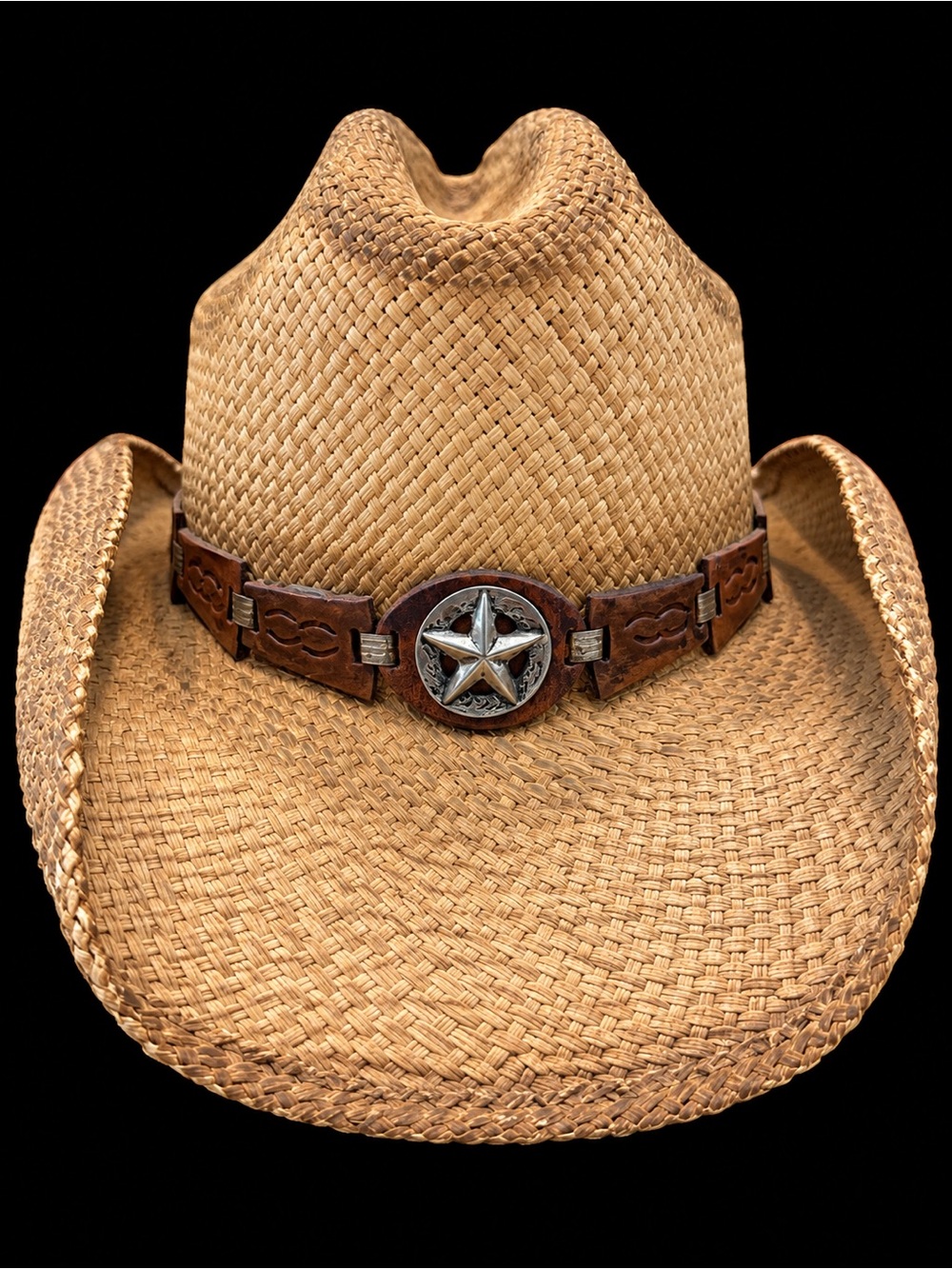Brixton Tan Straw Cowboy Hat with Brown Leather Star Concho Band